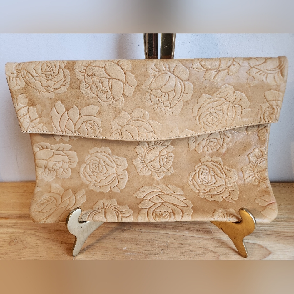 Italian Soft Leather Clutch Rose Embossed Florenza